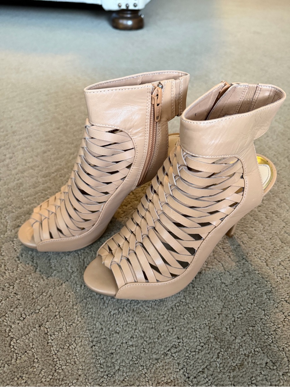 Gianni Bini Woven Peep-Toe Ankle Heels in Nude